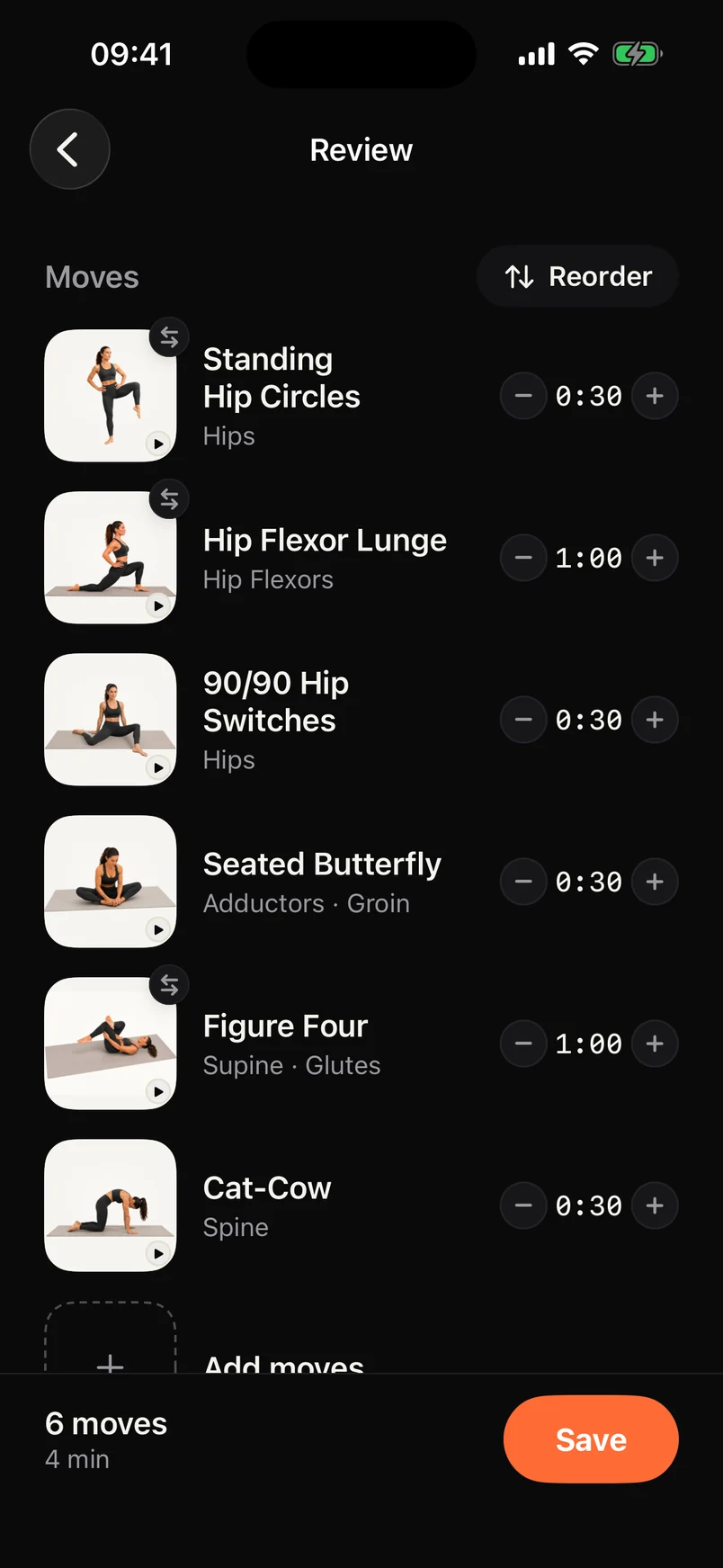 The routine builder's Review step in dark mode, with chosen moves, timings and Reorder.