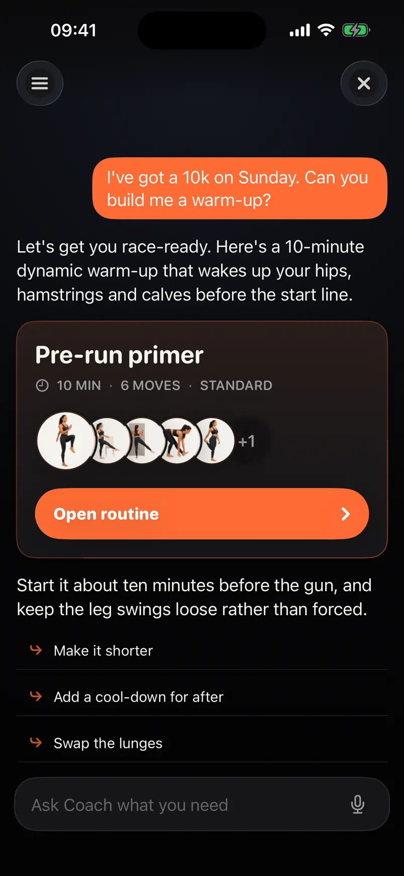 Prep Coach answering "I've got a 10k on Sunday. Can you build me a warm-up?" with a 10-minute pre-run primer.