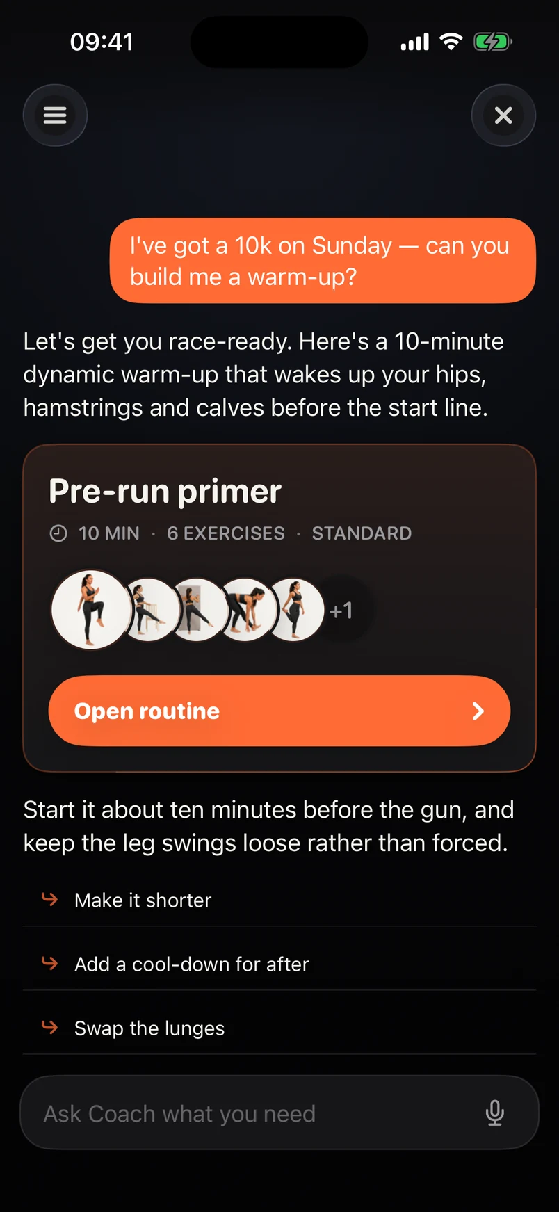 Prep Coach in dark mode answering a warm-up request with a routine card to open.