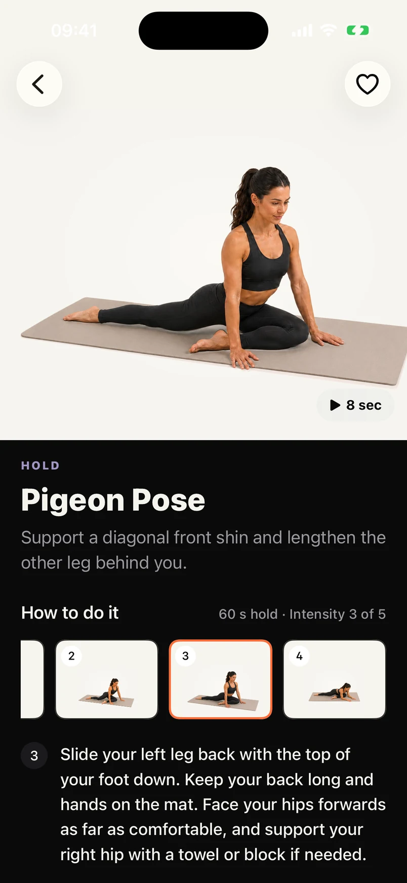 The Pigeon Pose exercise guide in dark mode, with its photo, demo length and instructions.