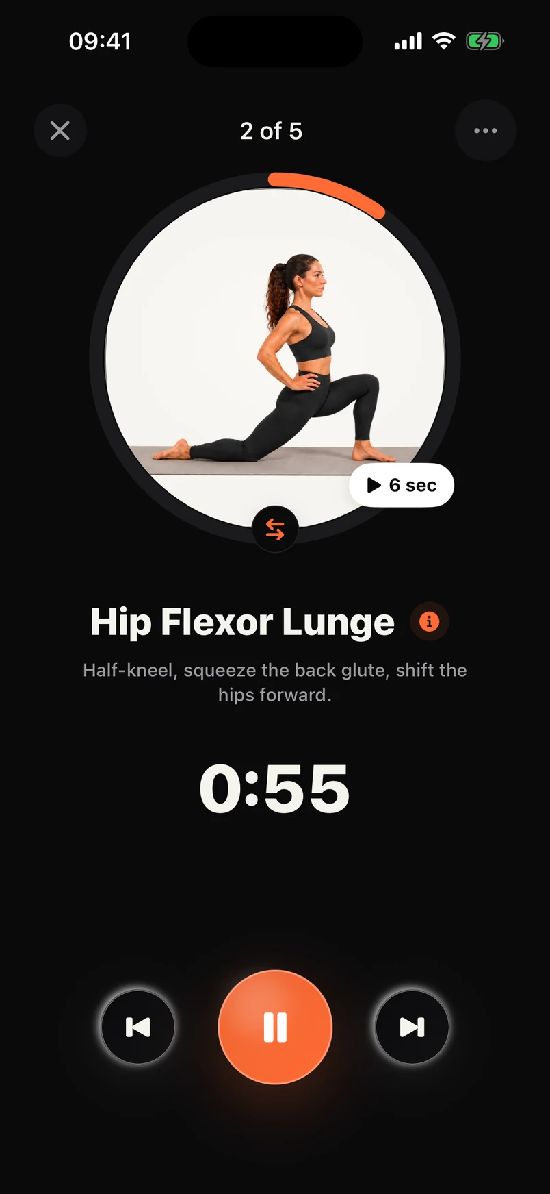 A guided session in dark mode, with the Hip Flexor Lunge, a 0:55 timer and playback controls.