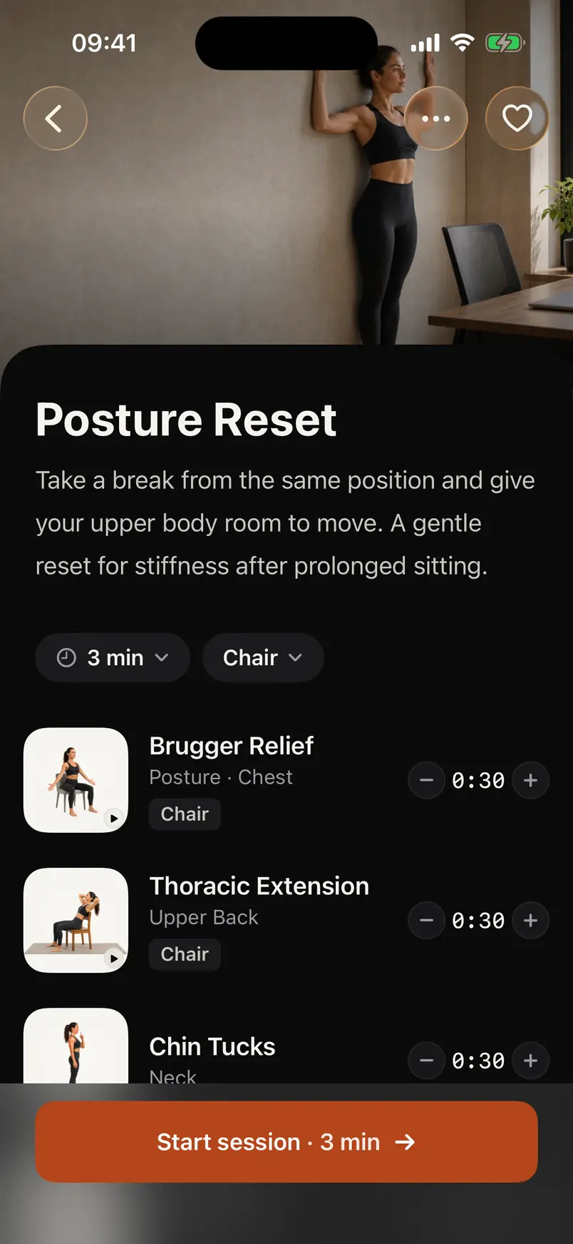 The Posture Reset routine in Prep, with chair-based moves such as Brugger Relief and Thoracic Extension.