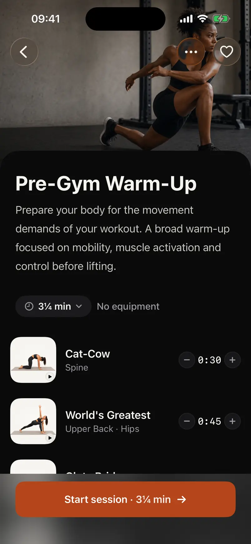 The Pre-Gym Warm-Up routine in Prep, with Cat-Cow, World's Greatest Stretch and more.