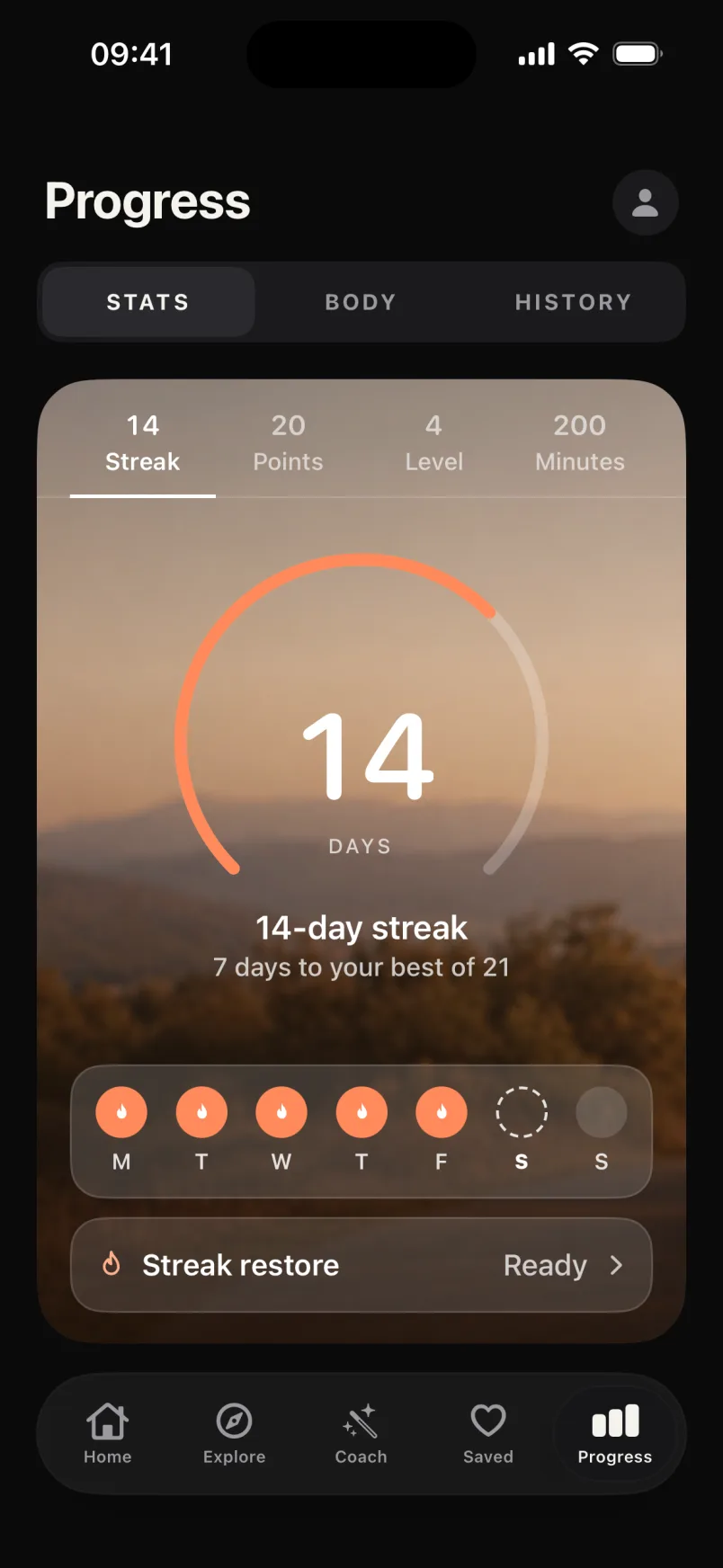 The Progress tab in dark mode: Stats with a 14-day streak on its arc, this week's lit days and a streak restore.