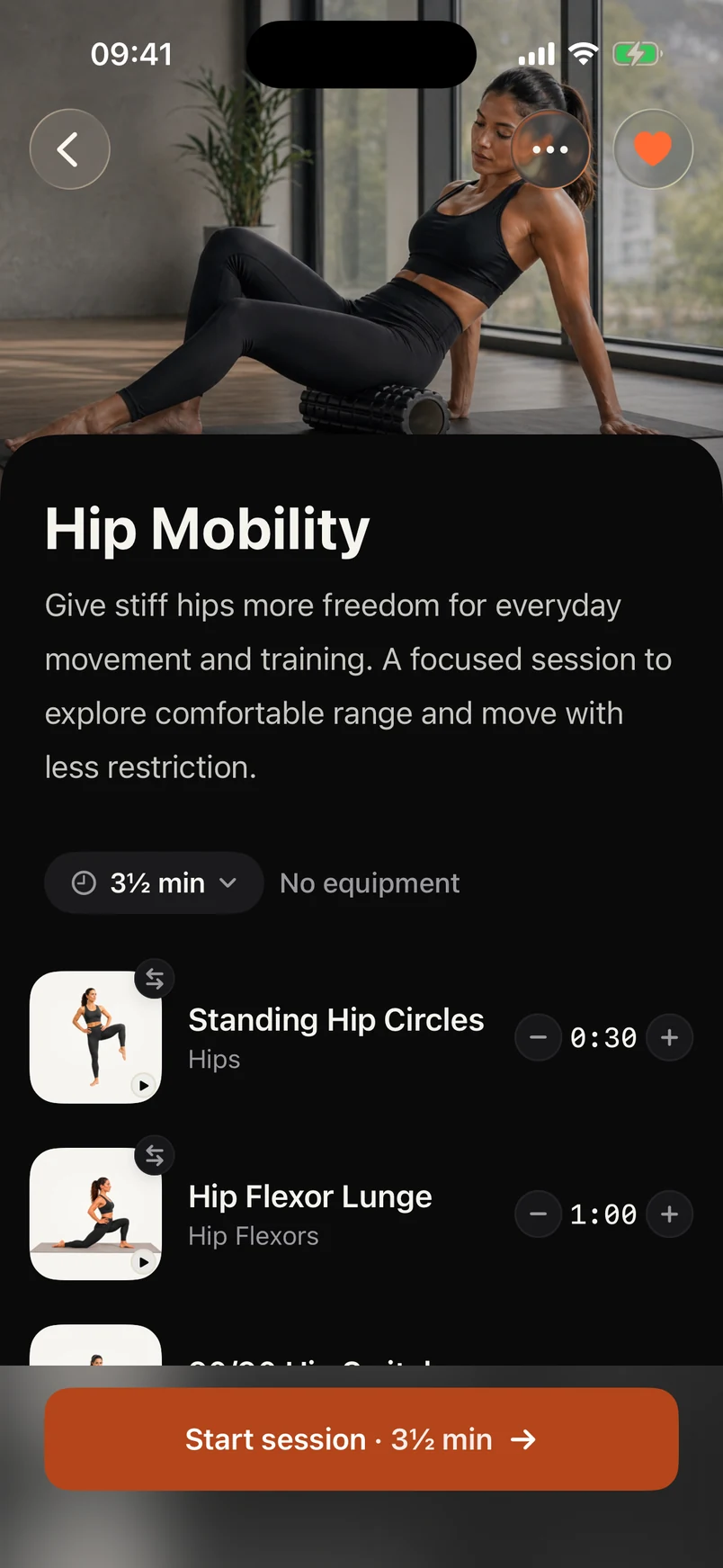 The Hip Mobility session preview in dark mode, with its length, equipment and moves.