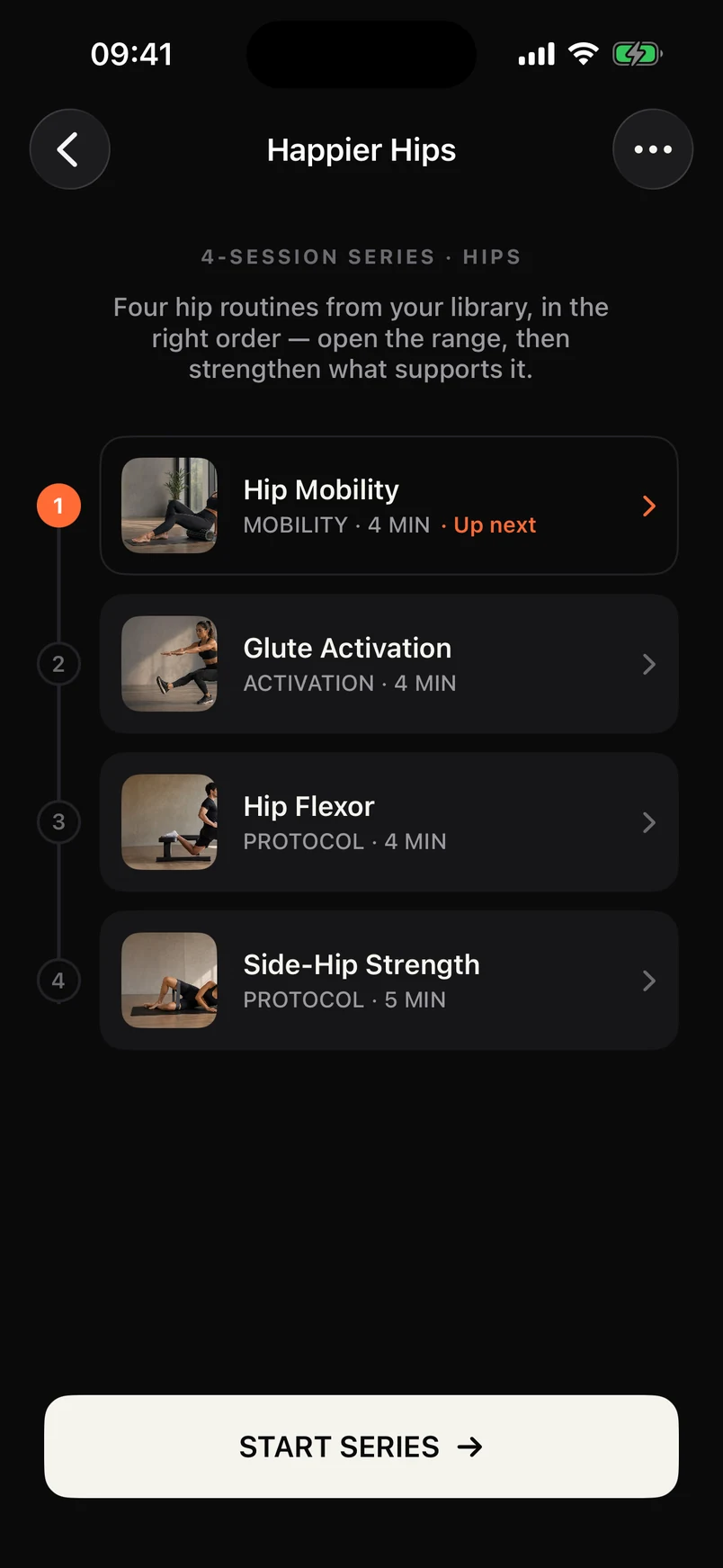 The Happier Hips goal series in dark mode, with its four sessions in order.