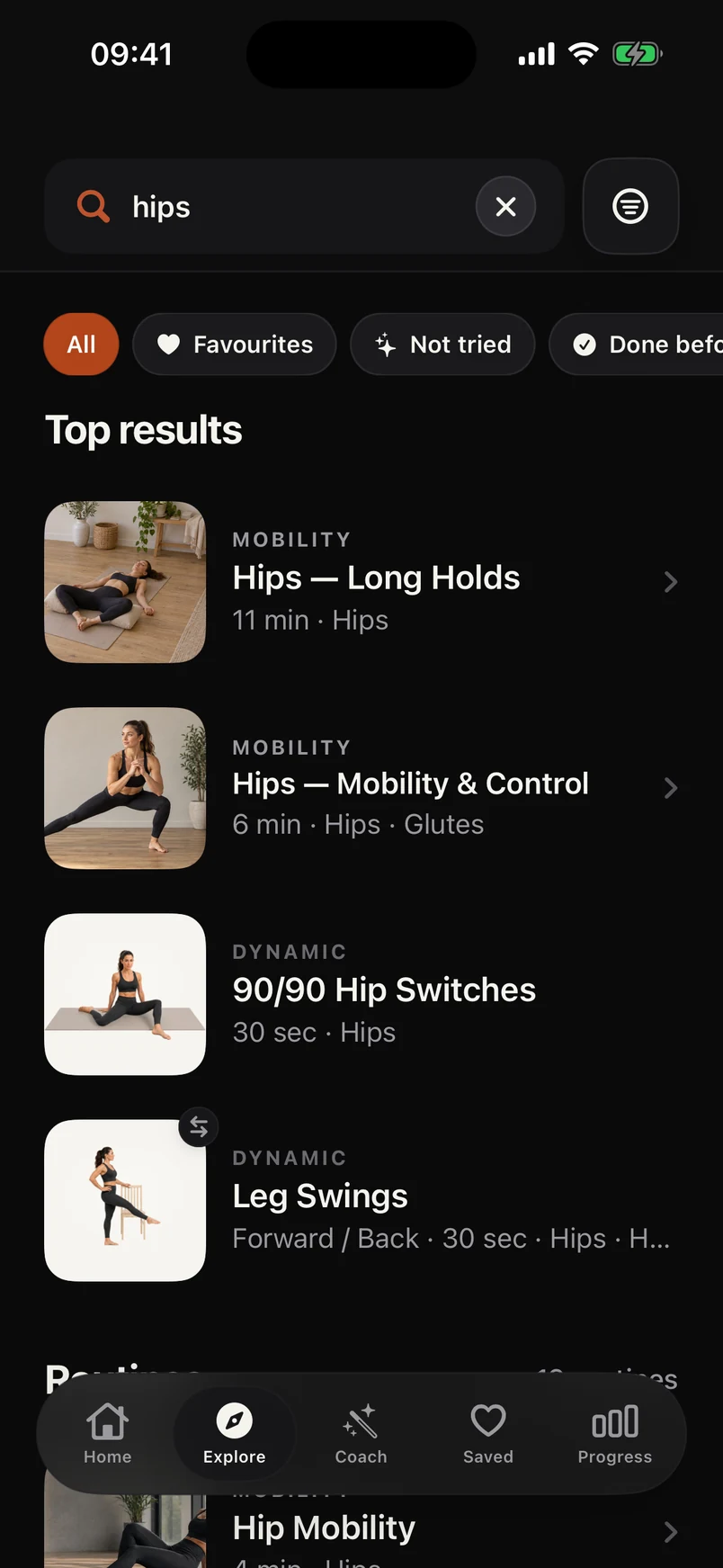 Library search in dark mode showing routine results for hips.