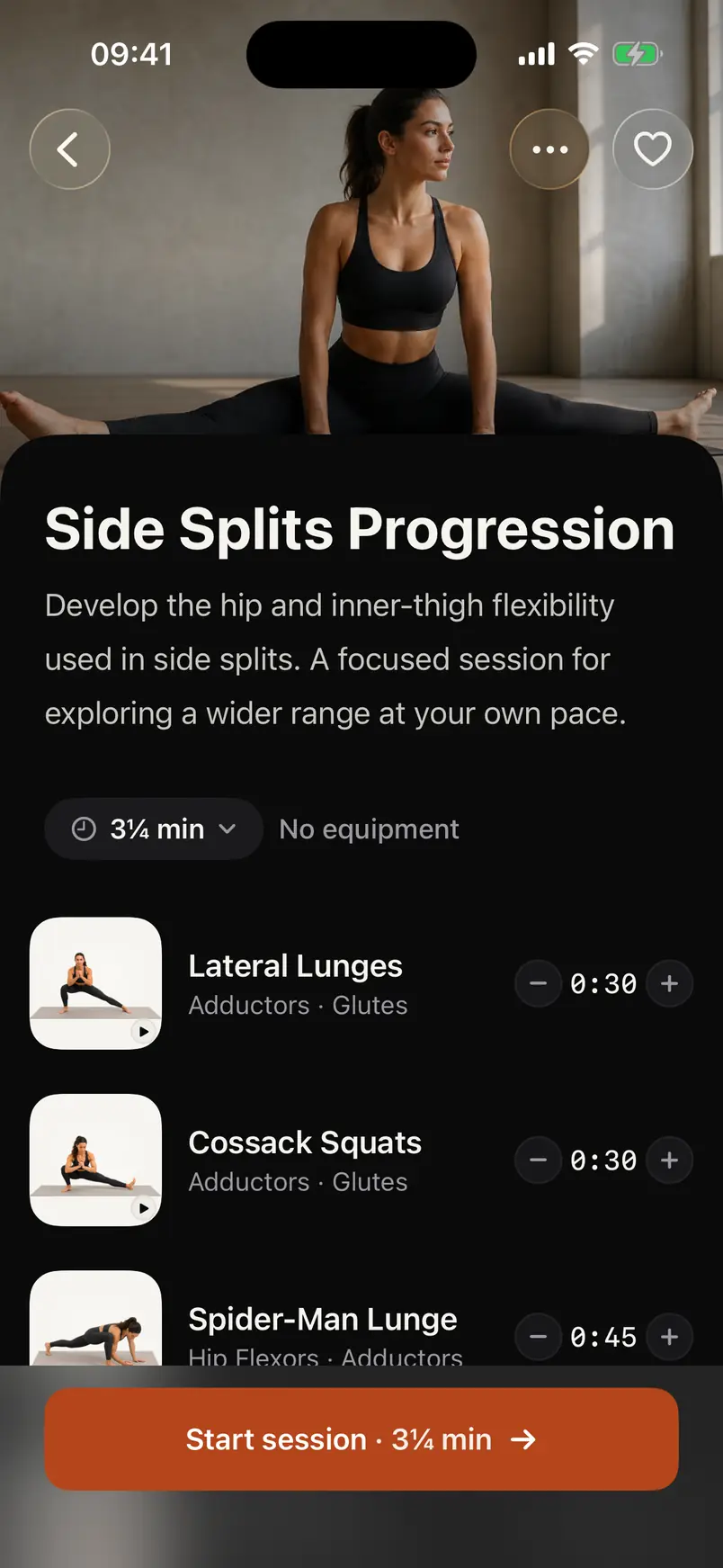The Side Splits Progression routine in Prep, with Lateral Lunges, Cossack Squats and Spider-Man Lunge.
