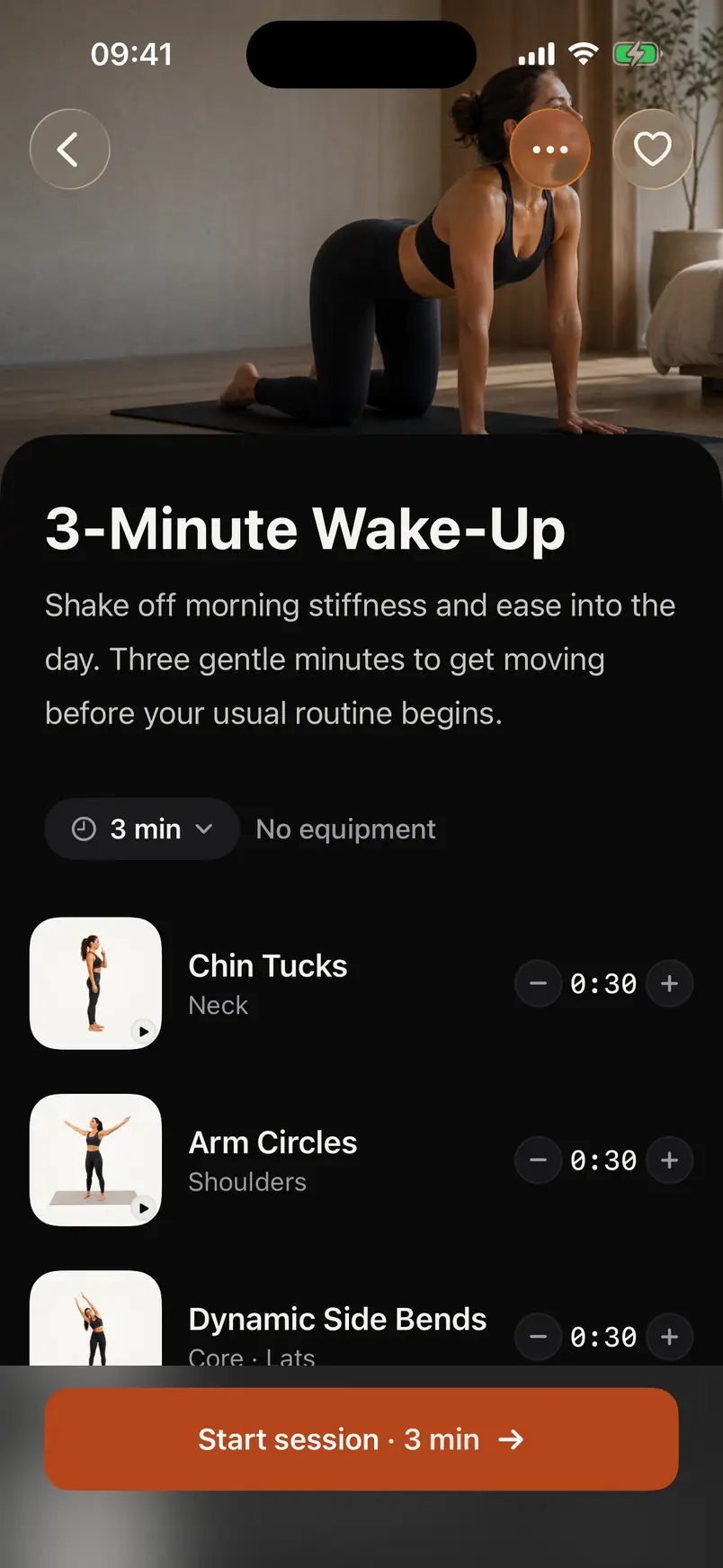 The 3-Minute Wake-Up routine in Prep, with Chin Tucks, Arm Circles and Dynamic Side Bends.