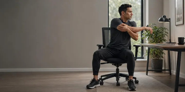 A man stretching his arms in an office chair.