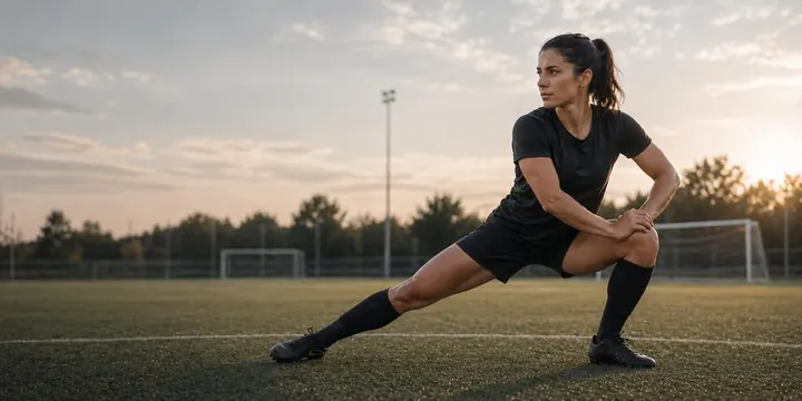 A footballer in a deep lunge on a pitch before a match.