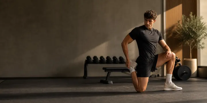 An athlete stretching on a mat after a gym session.
