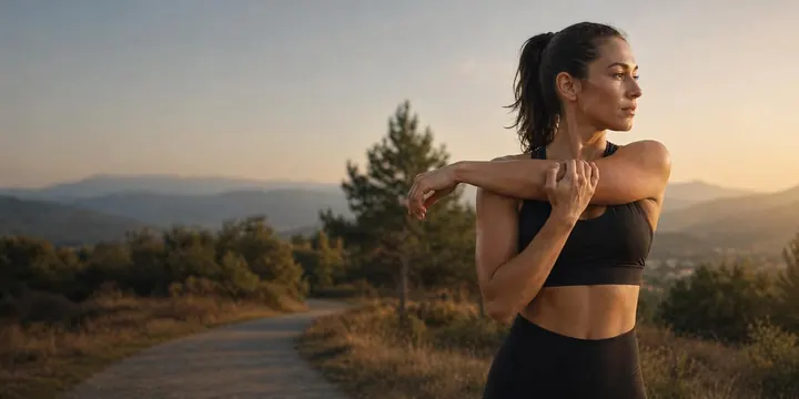 A runner stretching her shoulder on a trail after a run.
