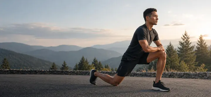 A runner in a deep lunge on a mountain road before a run.