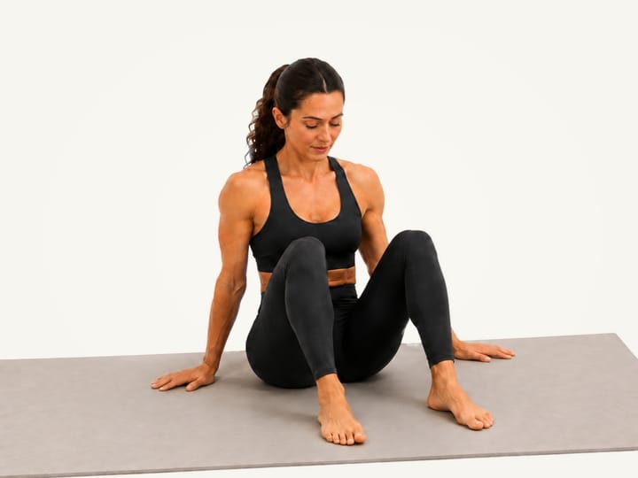 Step 1 of the butterfly stretch: sitting tall, knees bent, feet flat, hands beside the hips