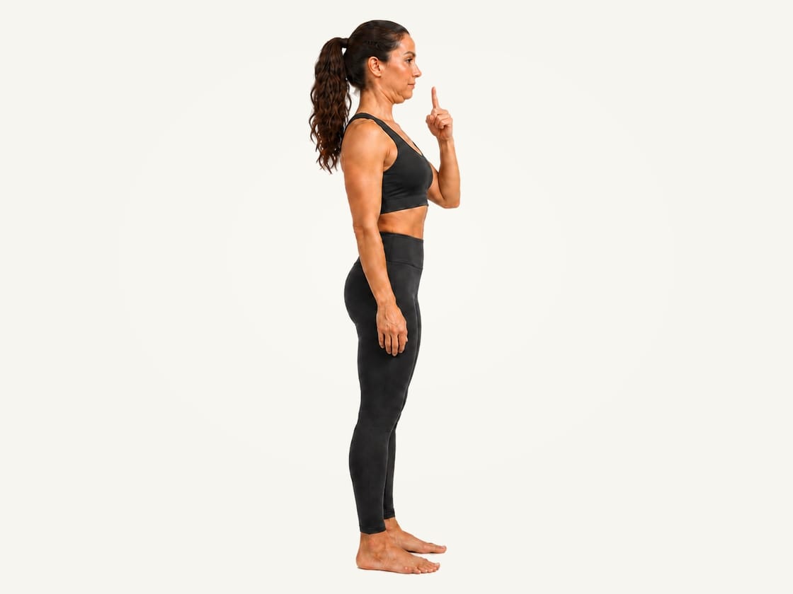 Chin tucks: standing tall in profile with one finger lightly at the chin and the chin drawn straight back
