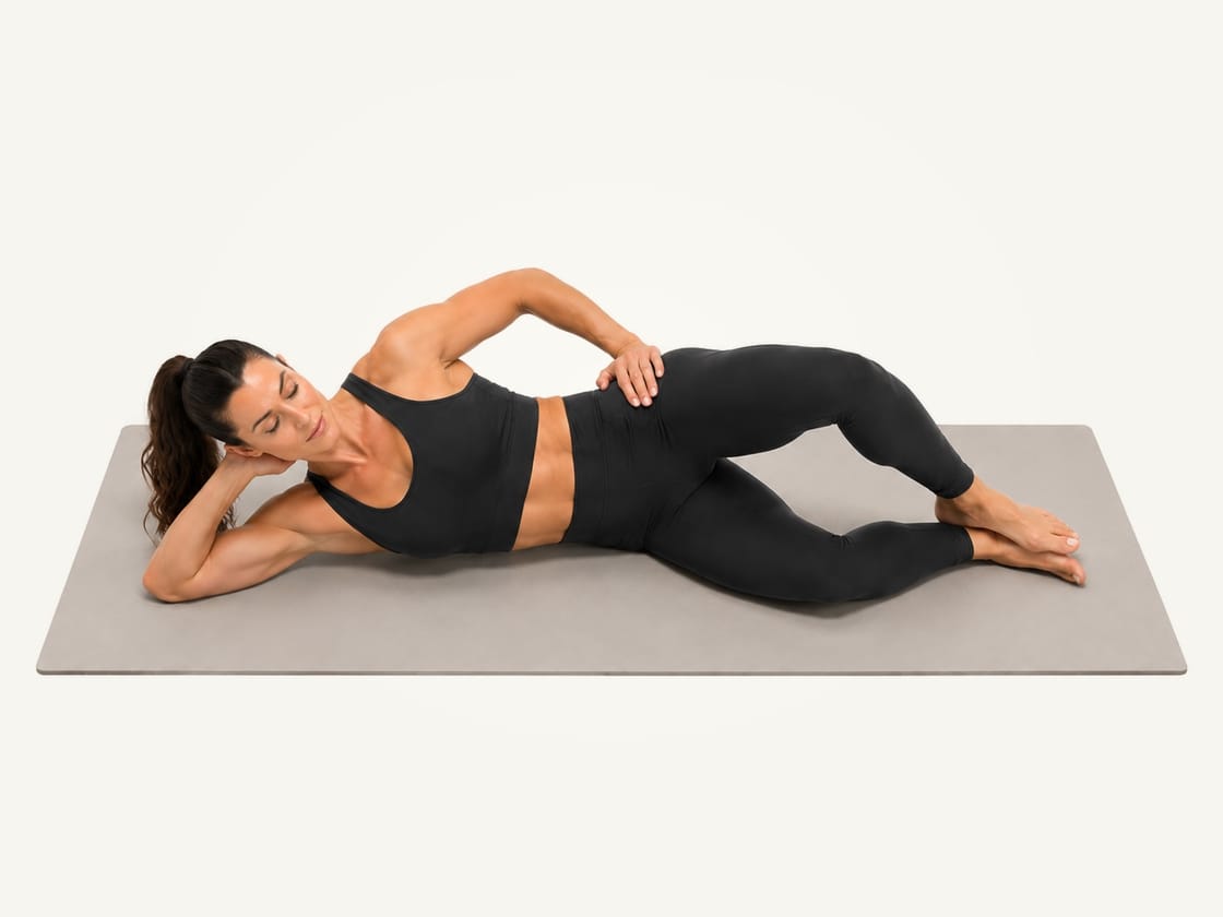 Clamshells: lying on the right side with the heels together and the left knee lifted open