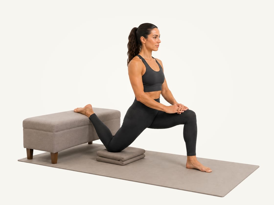 Couch stretch: kneeling on a cushion with the top of the right foot on a low bench and the torso upright