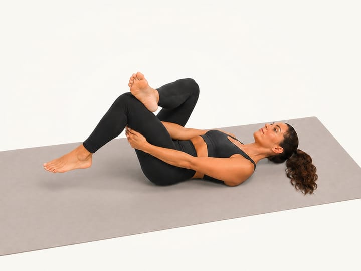 Step 3 of the figure 4 stretch: left foot lifted, hands reaching behind the left thigh