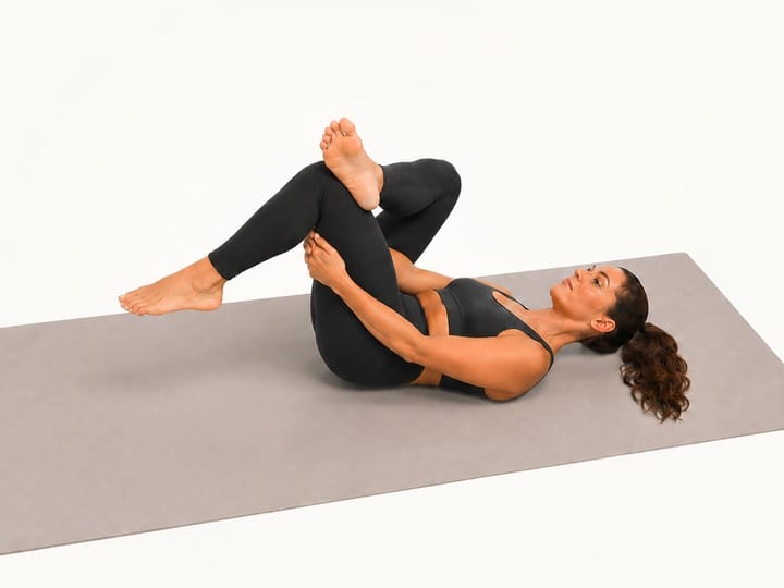 Step 4 of the figure 4 stretch: left thigh drawn in, head and shoulders down on the mat