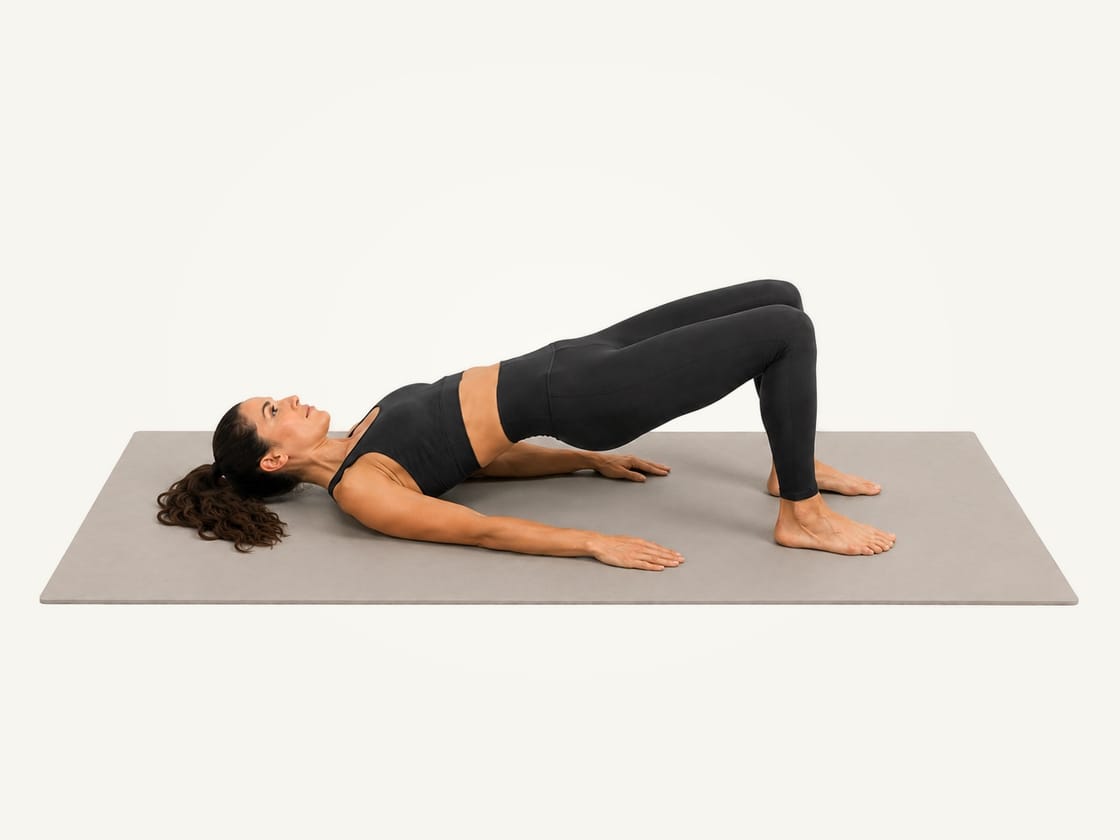 Glute bridge: lying on the back with the hips lifted so the shoulders, hips and knees form a straight line