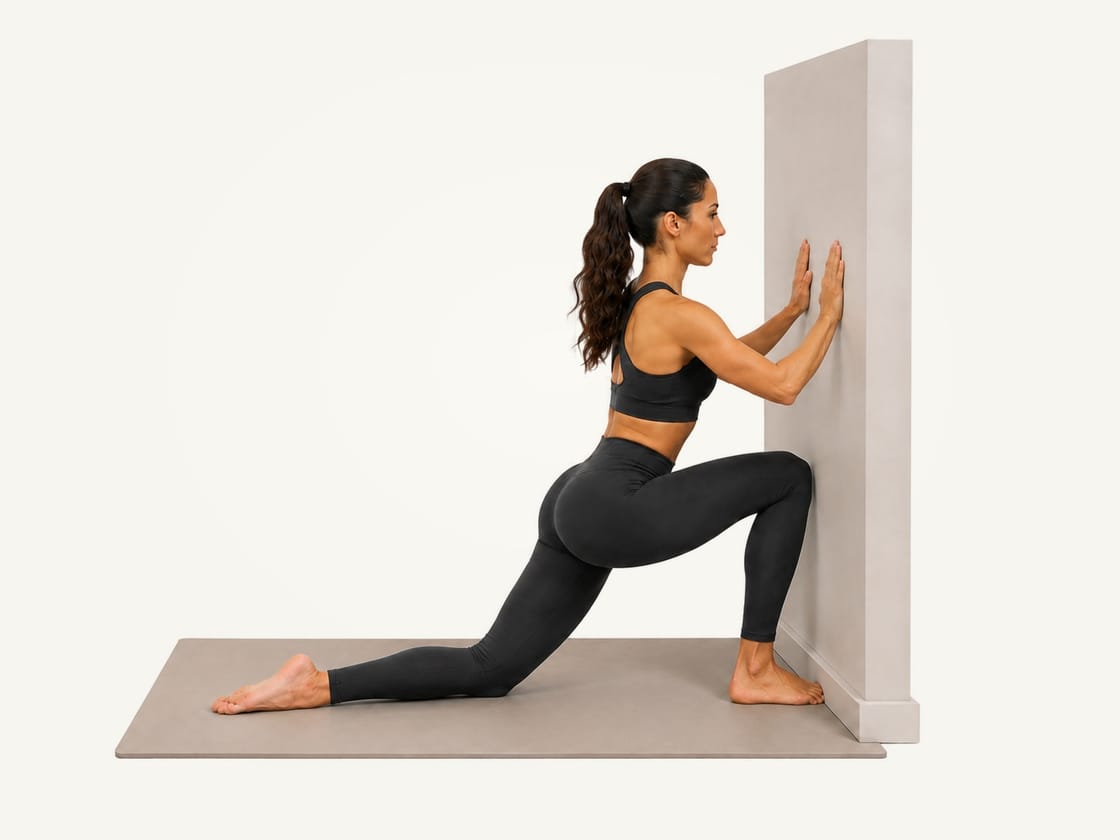 Knee-to-wall ankle stretch: half-kneeling facing a wall, hands on the wall, left knee rocked forward over the toes