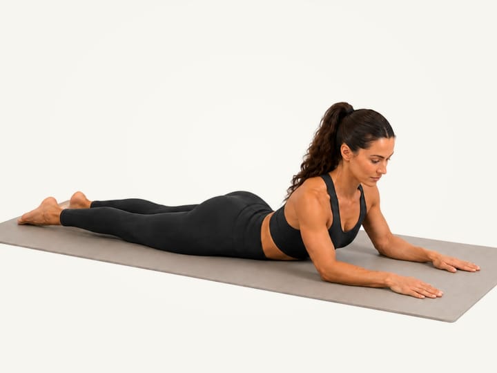 Step 2 of sphinx pose: forearms parallel on the mat, elbows a little ahead of the shoulders
