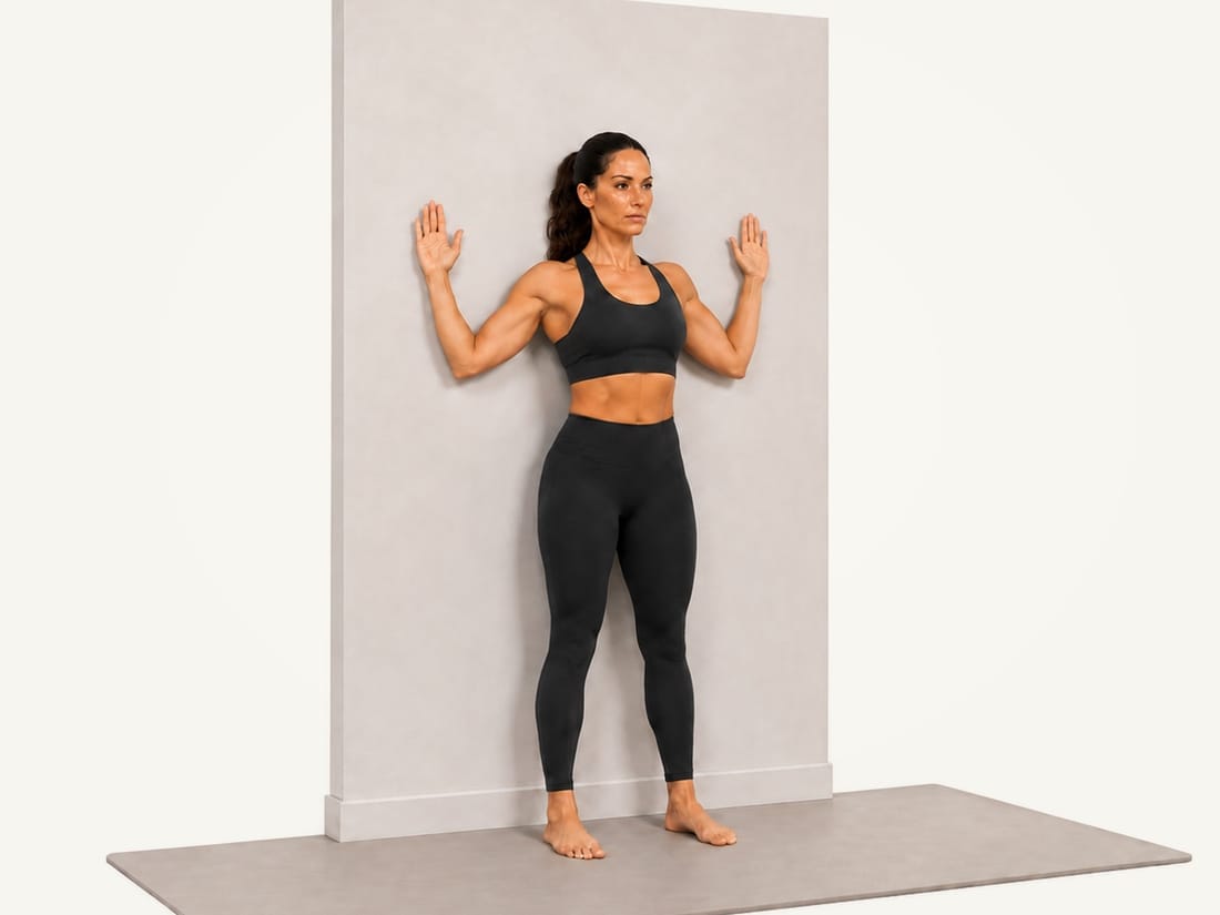 Step 1 of wall slides: back against the wall, elbows bent into a W with the forearms on the wall