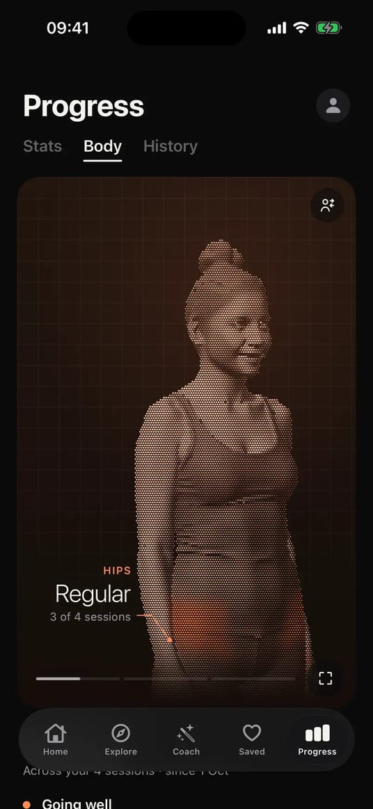 Prep's Progress screen on the Body tab: a dotted figure with the hips lit, labelled Regular, 3 of 4 sessions