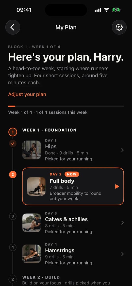 My Plan in Prep, in dark mode: week one's sessions in order, with today's full-body session highlighted.