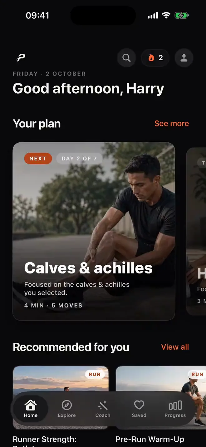 Prep Home in dark mode, with today's plan session.